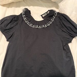 Ciao Lucia Black Blouse with White Embroidered Ruffle Collar